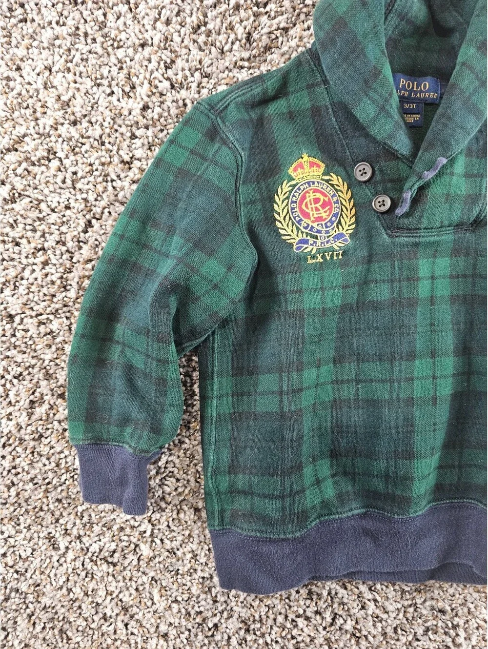 Polo Ralph Lauren boy's green tartan plaid fleece Sweater Sz 3T Green Blue